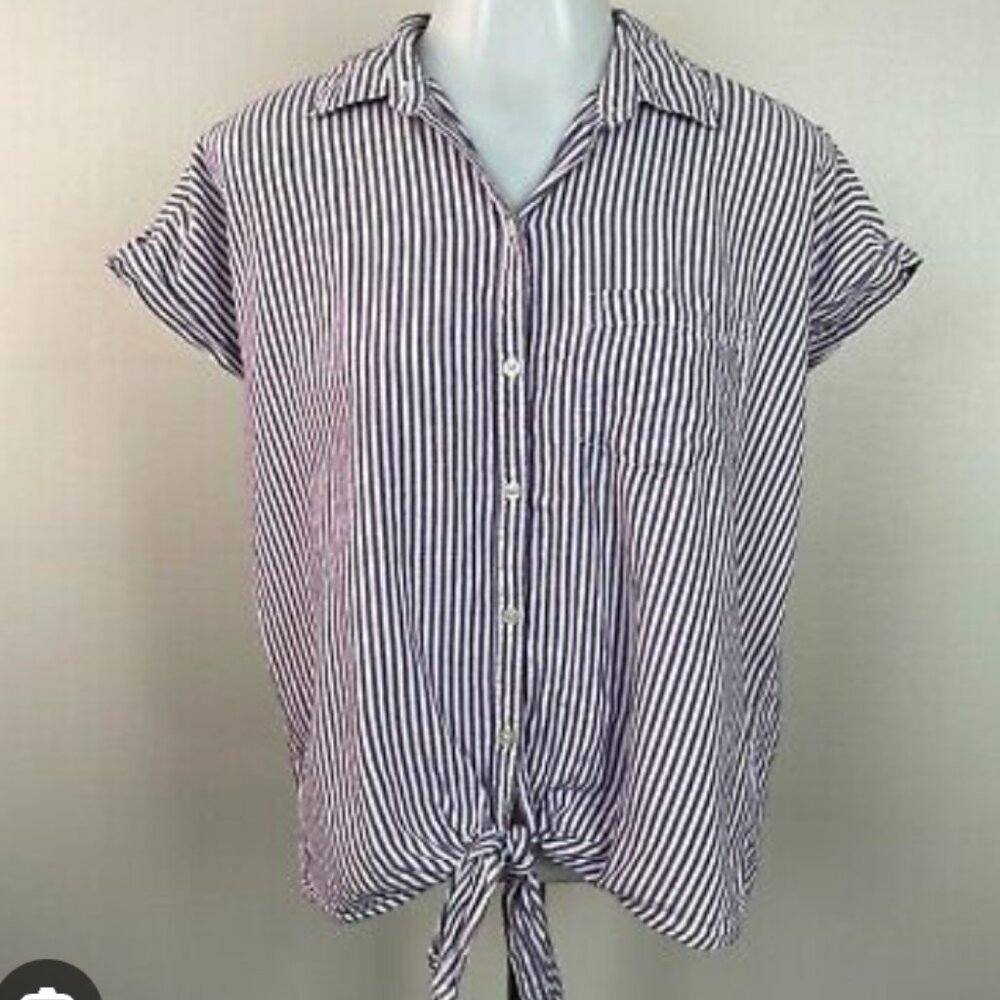Old Navy Purple and White Striped Tie Front Button Down